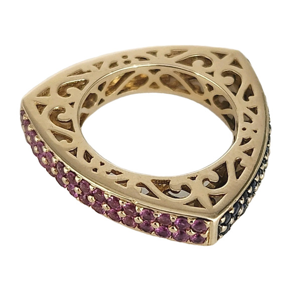 Elegant 14k Yellow Gold Triangular Natural Sapphire Colored Stones Size 6.75 - Picture 1 of 11